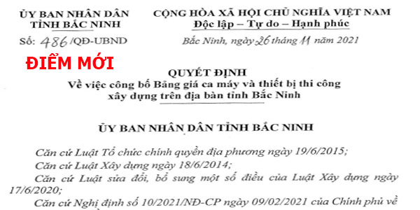 Quyết định 486/QĐ-UBND Bảng giá ca máy tỉnh Bắc Ninh