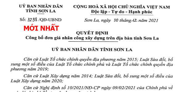 quyết định 3298/QĐ-UBND đơn giá nhân công tỉnh Sơn La năm 2022
