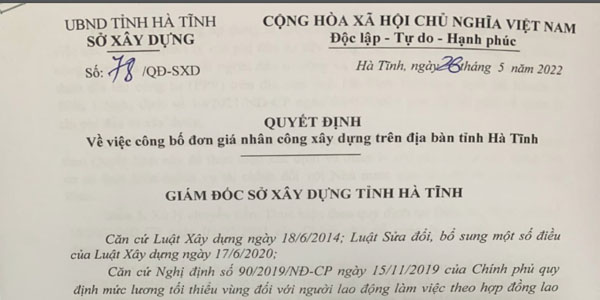 Quyết định 78/QĐ-SXD Đơn giá nhân công tỉnh Hà Tĩnh
