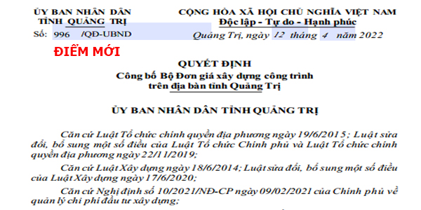Đơn giá xây dựng Quảng Trị Quyết định 996/QĐ-UBND
