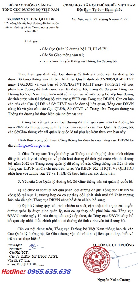 Xếp loại đường tính cước vận chuyển năm 2023