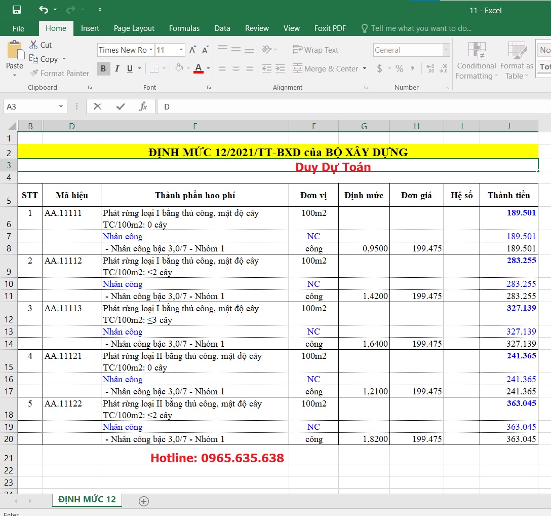Tải file Excel Định mức thông tư 12/2021/TT-BXD