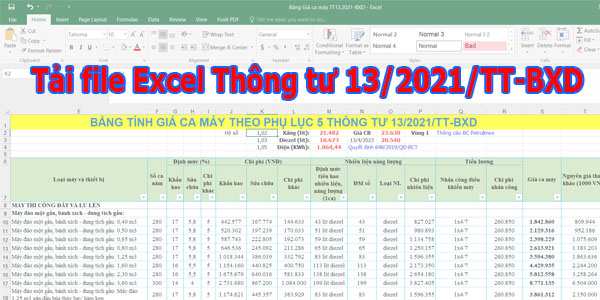 Tải file Excel Bảng giá ca máy Thông tư 13/2021/TT-BXD