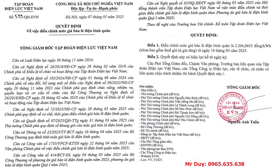 Quyết định 599/qđ-evn giá điện năm 2025