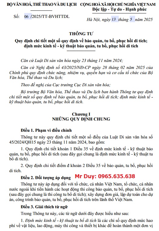 Thông tư 06/2025/TT-BVHTTDL Định mức bảo quản tu bổ phục hồi di tích