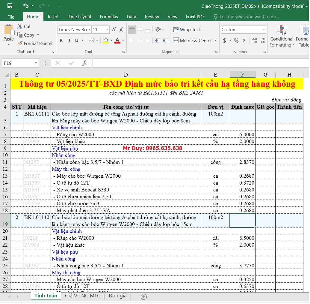 File Excel Thông tư 05/2025/TT-BXD