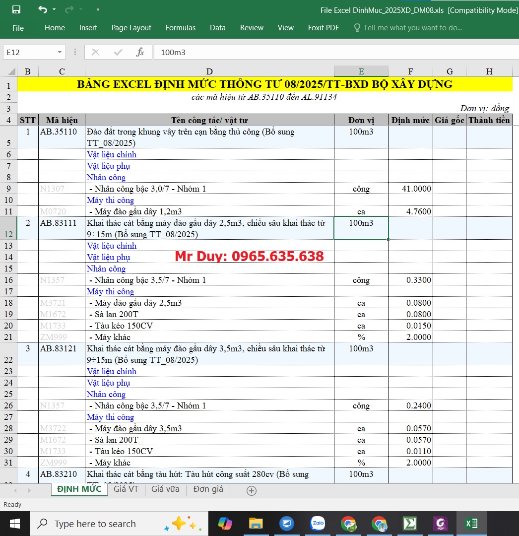 File excel Thông tư 08/2025/TT-BXD Bộ Xây dựng