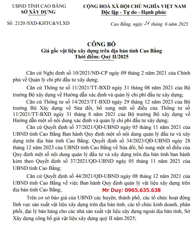 giá Vật liệu xây dựng Cao Bằng quý 2 năm 2025