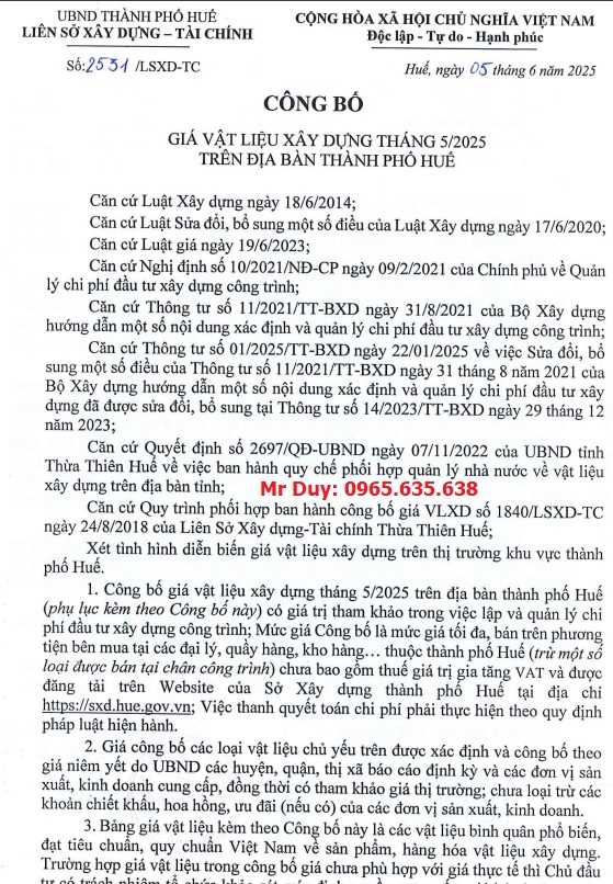 giá Vật liệu xây dựng Huế tháng 6 năm 2025