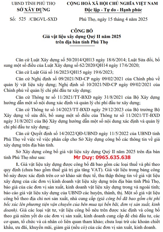 giá Vật liệu xây dựng Phú Thọ quý 2 năm 2025
