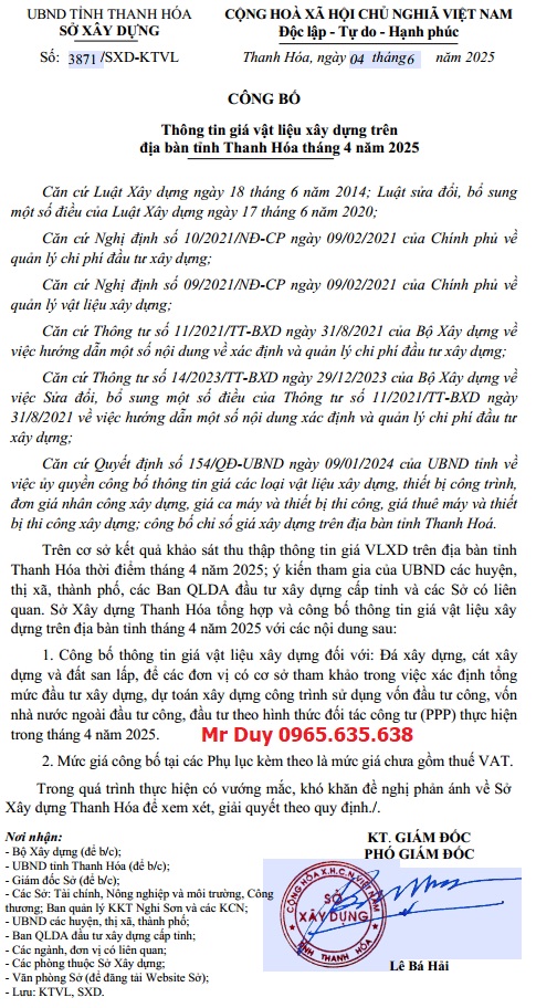 giá Vật liệu xây dựng Thanh Hóa tháng 6 năm 2025