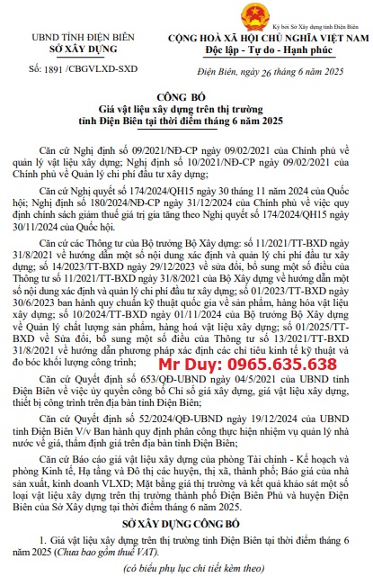 Công bố giá VLXD Điện Biên tháng 6 năm 2025