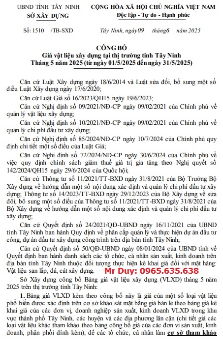 giá Vật liệu xây dựng Tây Ninh tháng 6 năm 2025