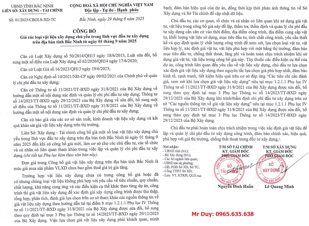 Giá VLXD tỉnh Bắc Ninh tháng 9 năm 2025