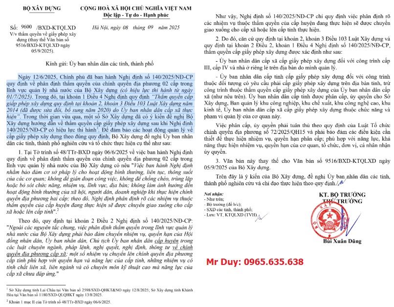 văn bản 9600/bxd-ktqldxd bộ xây dựng cấp phép xây dựng