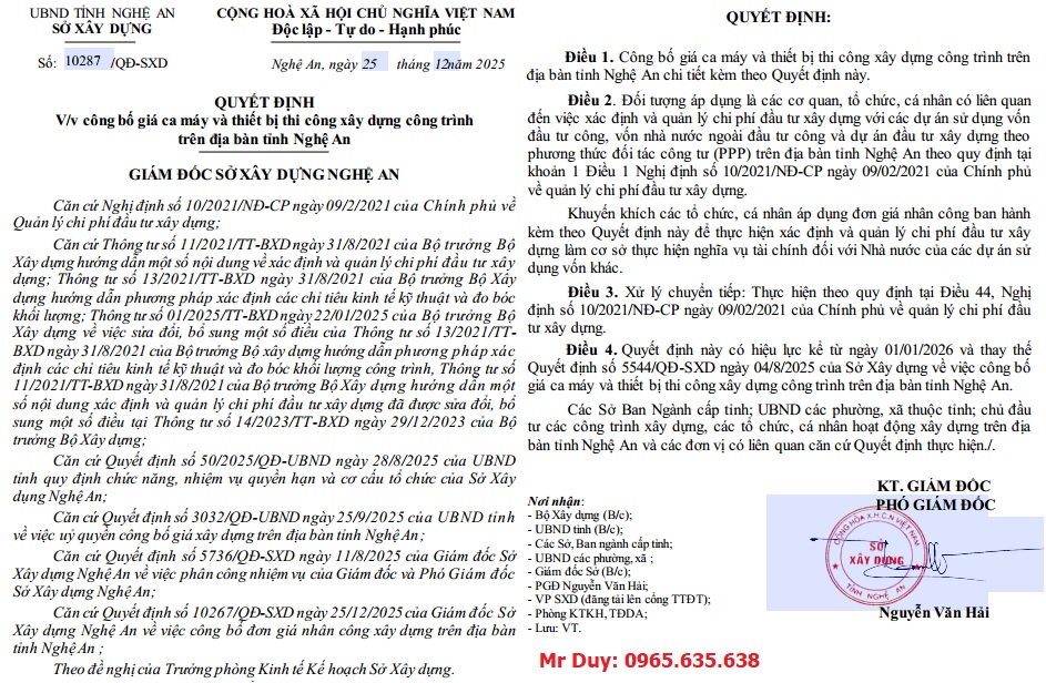 Quyết định 10287/QĐ-SXD Bảng giá ca máy tỉnh Nghệ An năm 2026