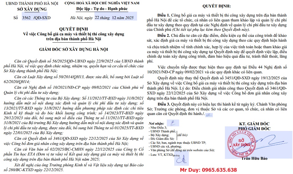 Quyết định 3562/QĐ-SXD Bảng giá ca máy Hà Nội năm 2026