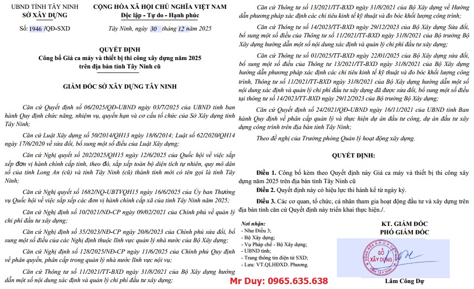 Bảng giá ca máy tỉnh Tây Ninh năm 2026 Quyết định 1946/QĐ-SXD