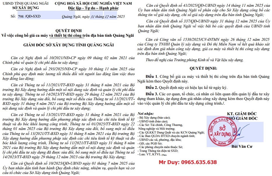 Bảng giá ca máy Quảng Ngãi năm 2026 Quyết định 798/QĐ-SXD