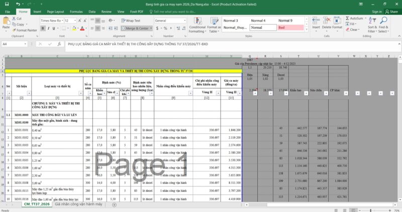 Bảng tính giá ca máy thông tư 37/2026/TT-BXD